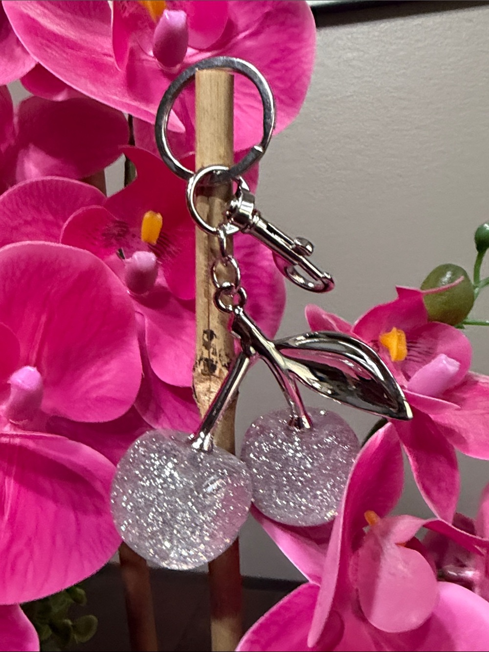 Silver cherry glitter keychain